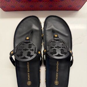 Tory Burch Black and Gold Miller Cloud Coin Sandals, size 10